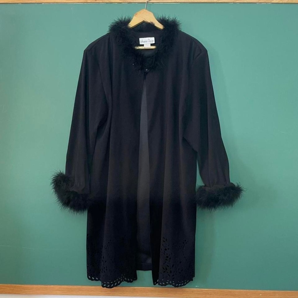 Black faux fur trim coat with lace detailing